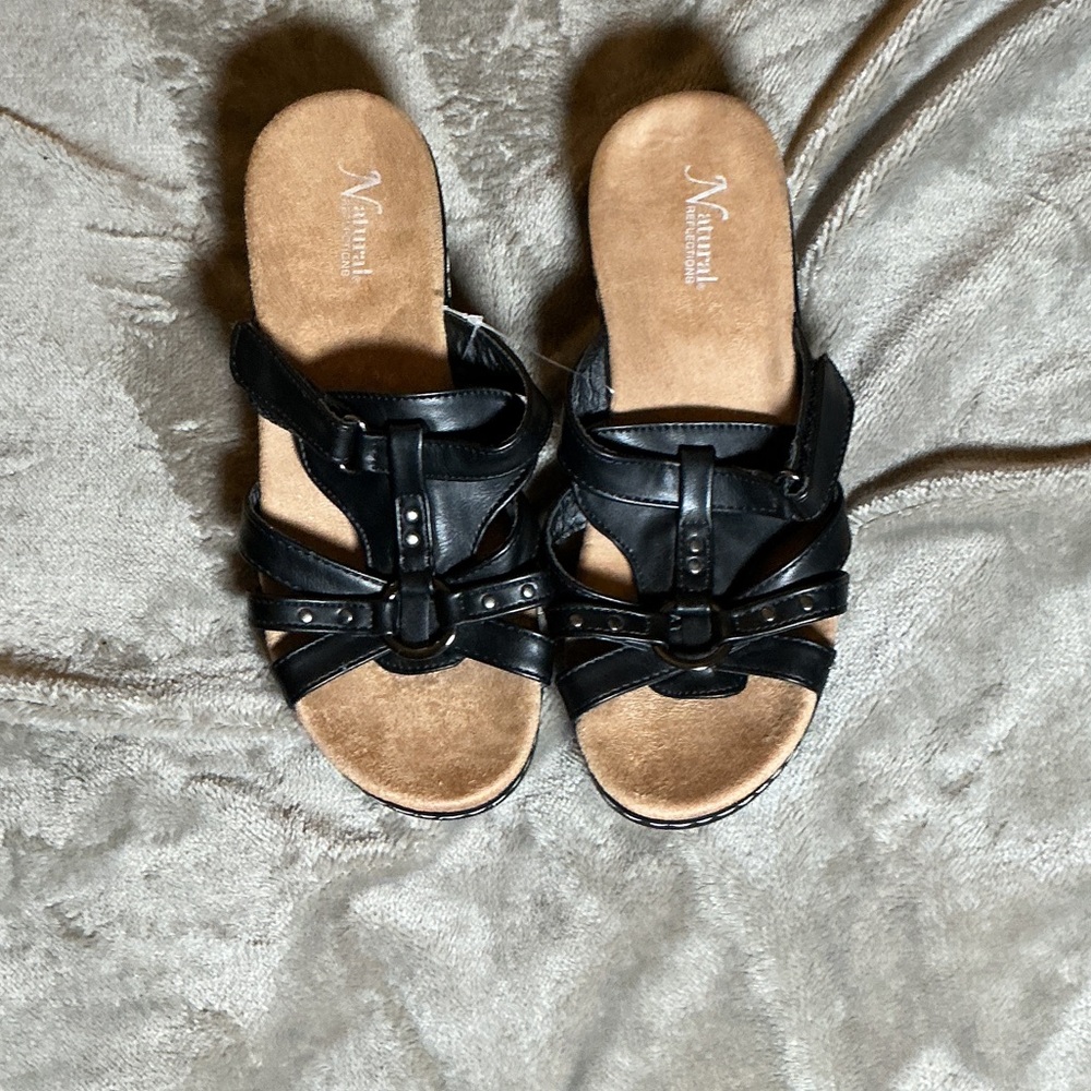 Naturalizer Black Strappy Slip-On Sandals with Stud Detail